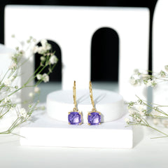8MM Cushion Cut Lab Created Tanzanite Solitaire Drop Earrings