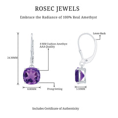 Natural 8mm Cushion Cut Amethyst Drop Earrings with Lever Back