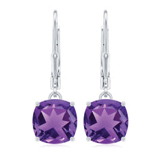 Natural 8mm Cushion Cut Amethyst Drop Earrings with Lever Back