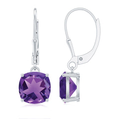 Natural 8mm Cushion Cut Amethyst Drop Earrings with Lever Back
