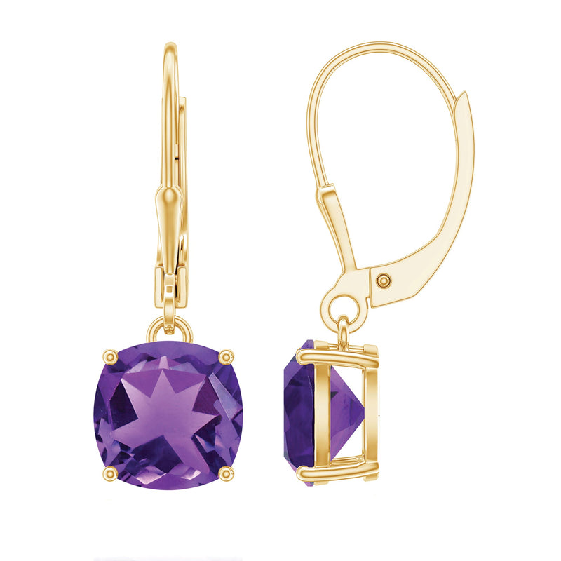 Natural 8mm Cushion Cut Amethyst Drop Earrings with Lever Back