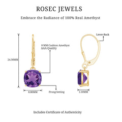 Natural 8mm Cushion Cut Amethyst Drop Earrings with Lever Back