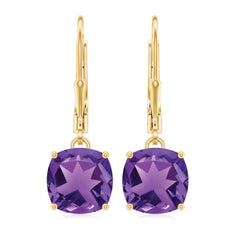 Natural 8mm Cushion Cut Amethyst Drop Earrings with Lever Back