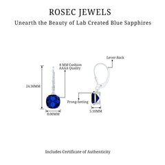 Cushion Cut Lab Grown Blue Sapphire Drop Hoop Earrings