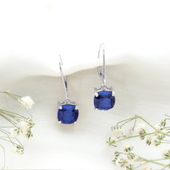 Cushion Cut Lab Grown Blue Sapphire Drop Hoop Earrings