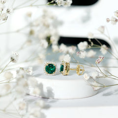Classic Lab Grown Emerald Halo Stud Earrings with Certificate