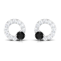 Real Black Onyx Circle Stud Earrings with Diamond
