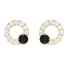 Real Black Onyx Circle Stud Earrings with Diamond