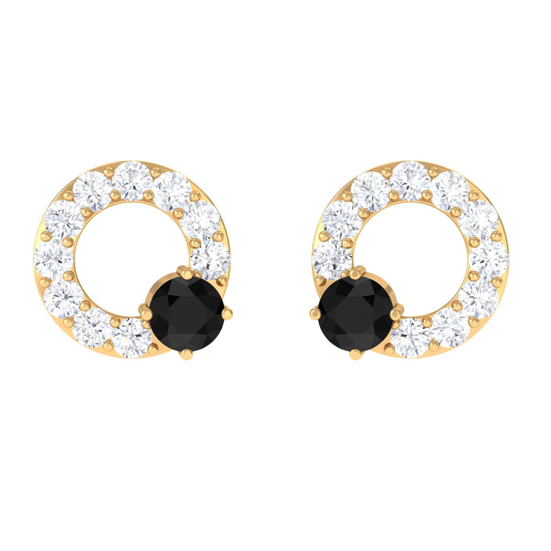 Real Black Onyx Circle Stud Earrings with Diamond