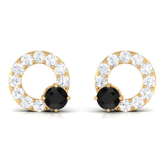 Real Black Onyx Circle Stud Earrings with Diamond
