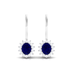 1.25 CT Oval Blue Sapphire Drop Earrings with Diamond Halo