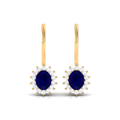 1.25 CT Oval Blue Sapphire Drop Earrings with Diamond Halo