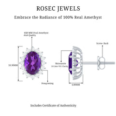 Oval 2.2 Carat Amethyst Stud Earrings With Moissanite Halo