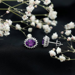 Classic Oval Amethyst Stud Earrings with Moissanite Halo