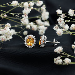 Oval Shaped 2.2 Carat Citrine Stud Earrings with Halo