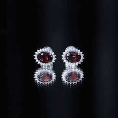 Sterling Silver 3 Carat Oval Garnet Stud Earrings with Moissanite Halo