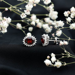 Sterling Silver 3 Carat Oval Garnet Stud Earrings with Moissanite Halo
