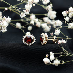 3 Carat Garnet Oval Stud Earrings with Moissanite Halo