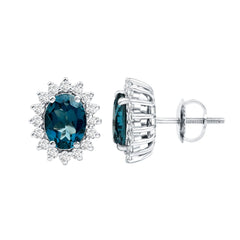 Oval Shaped 2.2 Carat London Blue Topaz Stud Earrings with Moissanite Halo