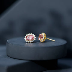 1.3 Carat Oval Pink Tourmaline Stud Earrings with Diamond Halo