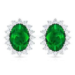 Oval Cut Natural Emerald Stud Earrings with Diamond Halo