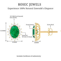 Oval Cut Natural Emerald Stud Earrings with Diamond Halo