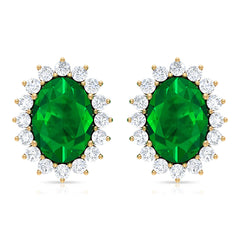 Oval Cut Natural Emerald Stud Earrings with Diamond Halo