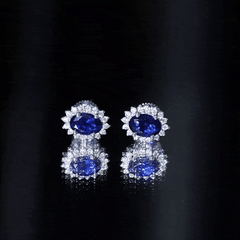 Lab Created Blue Sapphire Oval Stud Earrings with Moissanite Halo