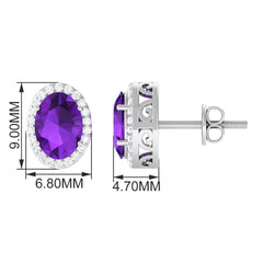 Certified Natural Amethyst Stud Earrings with Diamond Halo