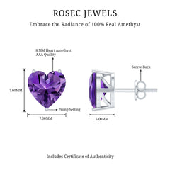 Heart Shape Amethyst Solitaire Stud Earrings for Her