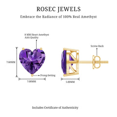 Heart Shape Amethyst Solitaire Stud Earrings for Her