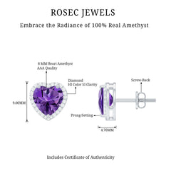 Certified Real Heart Shape Amethyst Stud Earrings with Diamond Halo