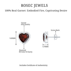 8 CT Heart Shape Garnet Stud Earrings with Diamond Halo