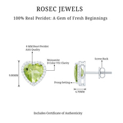 Certified Real 4 Carat Peridot Heart Earrings with Moissanite Halo