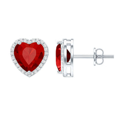4 Carat Lab Grown Ruby Heart Stud Earrings with Moissanite Halo