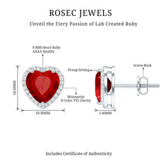4 Carat Lab Grown Ruby Heart Stud Earrings with Moissanite Halo