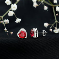 4 Carat Lab Grown Ruby Heart Stud Earrings with Moissanite Halo