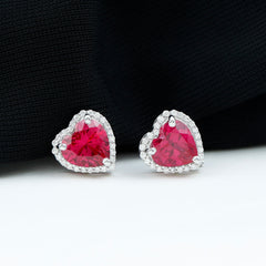 4 Carat Lab Grown Ruby Heart Stud Earrings with Moissanite Halo