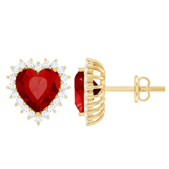 Lab Created Ruby Heart Studs with Diamond Halo