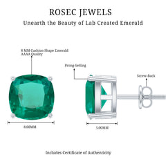 3 CT Cushion Cut Created Emerald Solitaire Stud Earring