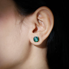 3 CT Cushion Cut Created Emerald Solitaire Stud Earring