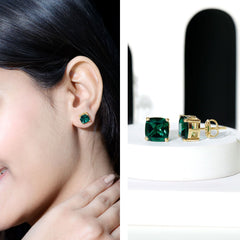 3 CT Cushion Cut Created Emerald Solitaire Stud Earring