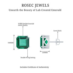 Certified Asscher Cut Lab Grown Emerald Stud Earrings in Double Prongs