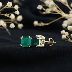 Certified Asscher Cut Lab Grown Emerald Stud Earrings in Double Prongs