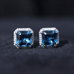 Asscher Cut London Blue Topaz and Diamond Halo Stud Earrings