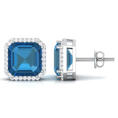 Asscher Cut London Blue Topaz and Diamond Halo Stud Earrings