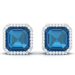 Asscher Cut London Blue Topaz and Diamond Halo Stud Earrings