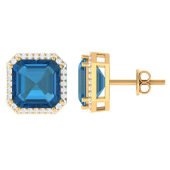 Asscher Cut London Blue Topaz and Diamond Halo Stud Earrings