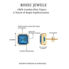 Asscher Cut London Blue Topaz and Diamond Halo Stud Earrings