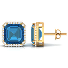 Asscher Cut London Blue Topaz and Diamond Halo Stud Earrings